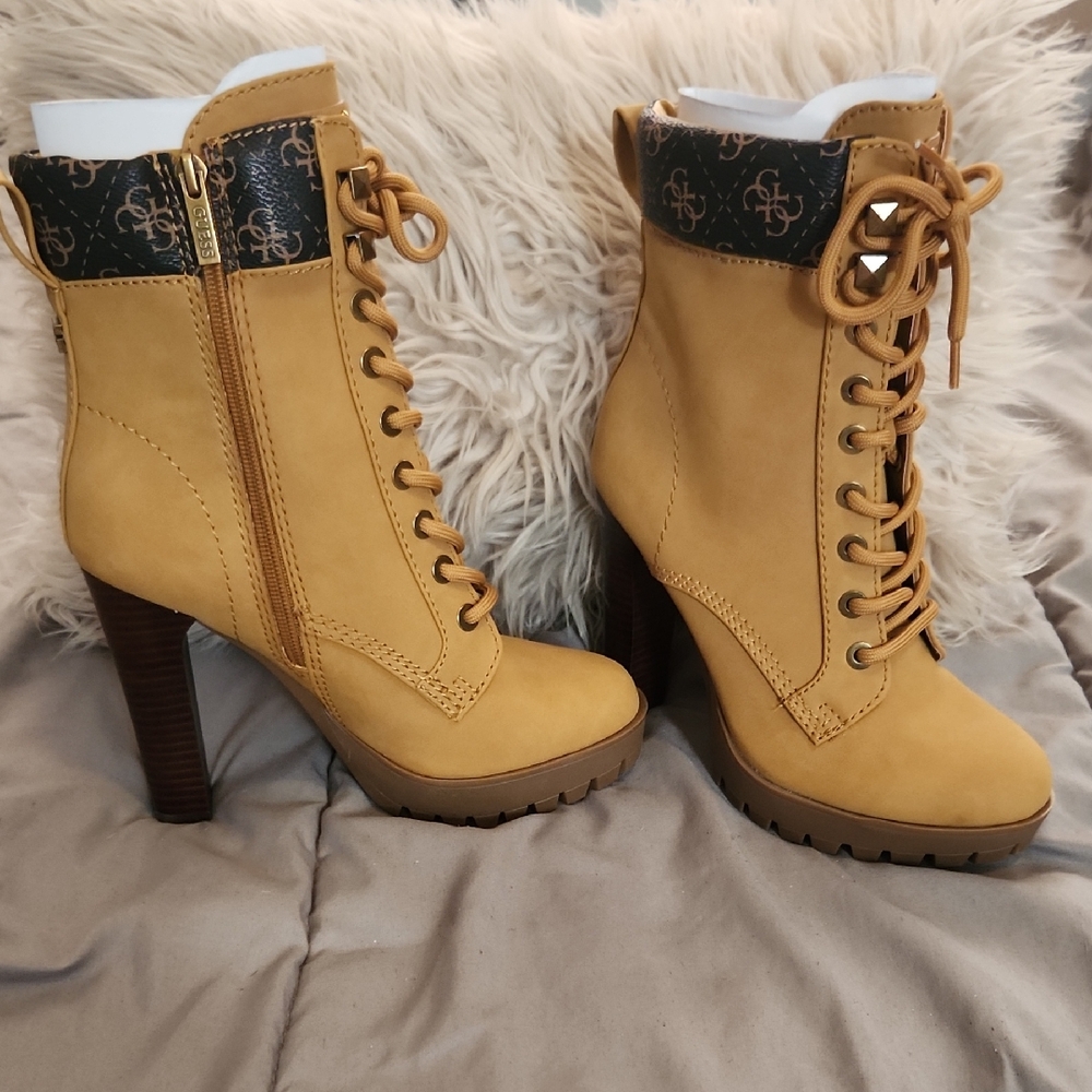 Guess Tan Lace-Up Heeled Boots